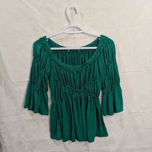 Comfortable Flowy Neon Dark Teal Blouse W Flared Sleeves